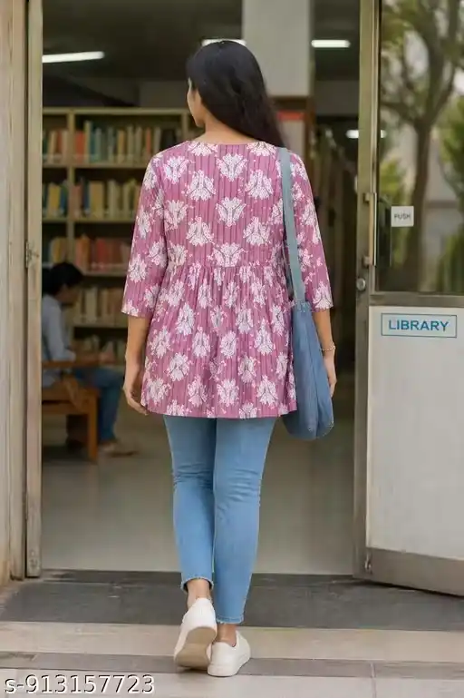 Cotton Printed Short Kurti Corset Style Top for Women with V-Neckline, 3/4 Sleeves, Flared Silhouette, Casual College Wear Tunic with Floral Motif Pattern