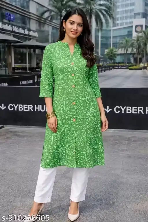 Green Printed Cotton Kurti for Women wit...