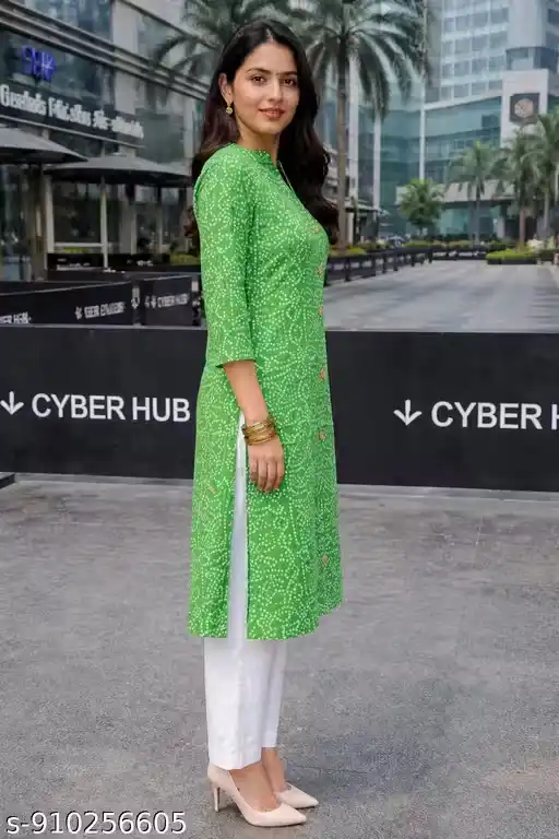 Green Printed Cotton Kurti for Women with Mandarin Collar, Front Button Placket, Three Quarter Sleeves, Straight Fit Mid-Length Ethnic Kurta Tunic Top for Office Wear, Casual Outfits, Festive Styling