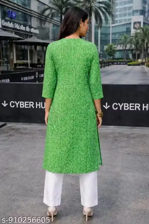 Green Printed Cotton Kurti for Women with Mandarin Collar, Front Button Placket, Three Quarter Sleeves, Straight Fit Mid-Length Ethnic Kurta Tunic Top for Office Wear, Casual Outfits, Festive Styling
