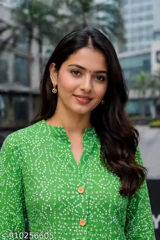 Green Printed Cotton Kurti for Women with Mandarin Collar, Front Button Placket, Three Quarter Sleeves, Straight Fit Mid-Length Ethnic Kurta Tunic Top for Office Wear, Casual Outfits, Festive Styling
