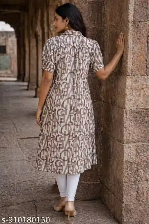 Women’s Beige Brown Typography Print Cotton Kurti with Shirt Collar Neck, Front Button-Down Kurta, A-Line Knee Length Tunic, Short Sleeves Ethnic Top, Office Wear Kurti, Casual Styling Kurta for Women