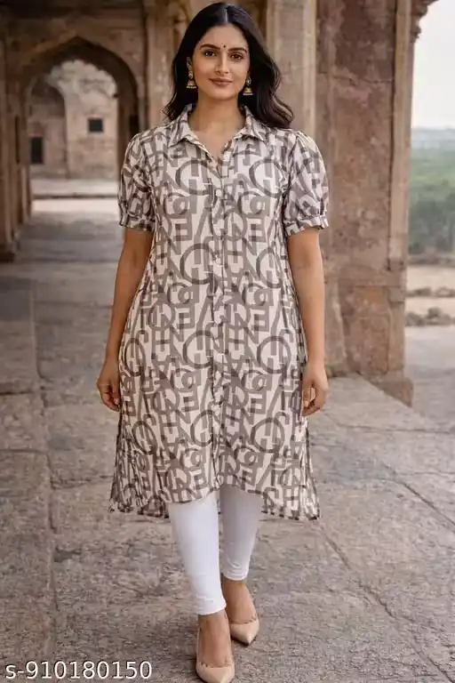 Women’s Beige Brown Typography Print Cotton Kurti with Shirt Collar Neck, Front Button-Down Kurta, A-Line Knee Length Tunic, Short Sleeves Ethnic Top, Office Wear Kurti, Casual Styling Kurta for Women