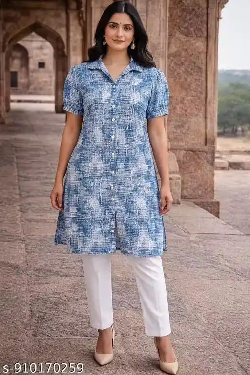 Women’s Blue Abstract Print Cotton Kurti...