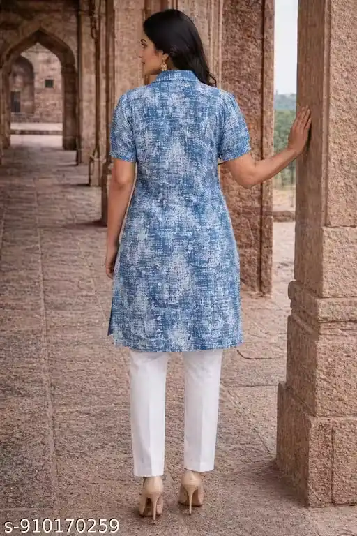 Women’s Blue Abstract Print Cotton Kurti with Shirt Collar Neck, Front Button-Down Design, A-Line Knee Length Kurta, Short Sleeves, Straight Fit Ethnic Top for Office Wear, Casual Wear, Summer Outfit Styling