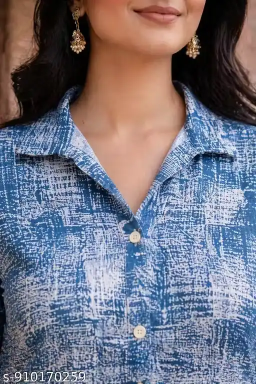 Women’s Blue Abstract Print Cotton Kurti with Shirt Collar Neck, Front Button-Down Design, A-Line Knee Length Kurta, Short Sleeves, Straight Fit Ethnic Top for Office Wear, Casual Wear, Summer Outfit Styling