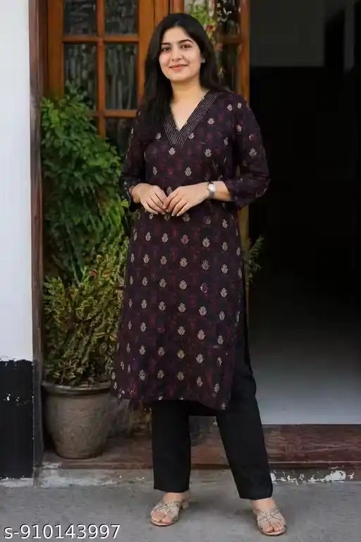 Women’s Black Printed Cotton Kurti with...