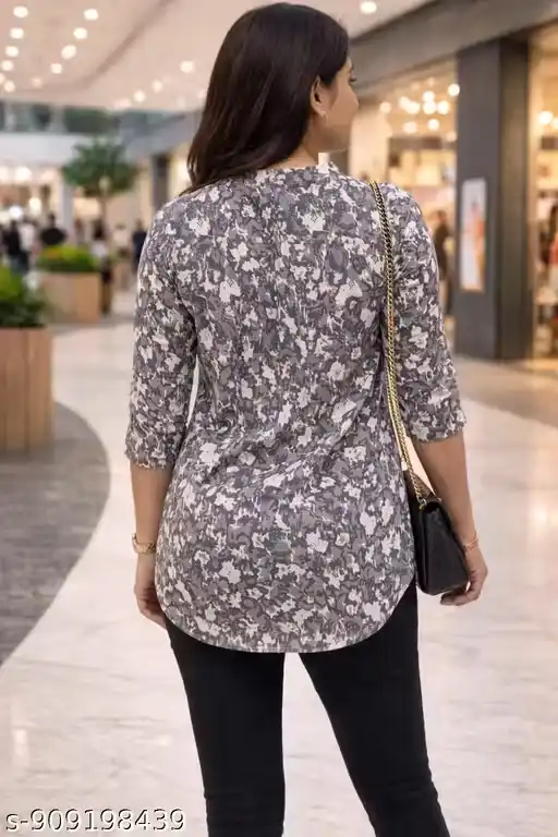 Women’s Waterproof Printed Cotton Corset-Style Short Kurti Top with Mandarin Collar, Abstract Grey Print, Front Button Placket, 3/4 Sleeves, Tailored Fit Western Fusion Top for Ripped Jeans, High Waist Pants, Street Style Outfit