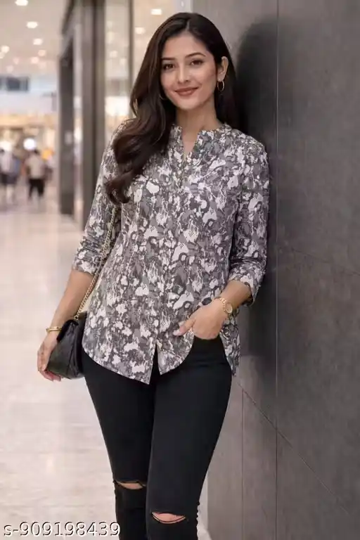 Women’s Waterproof Printed Cotton Corset-Style Short Kurti Top with Mandarin Collar, Abstract Grey Print, Front Button Placket, 3/4 Sleeves, Tailored Fit Western Fusion Top for Ripped Jeans, High Waist Pants, Street Style Outfit