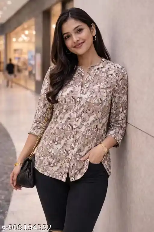 Women’s Waterproof Printed Cotton Corset-Style Short Kurti Top with Mandarin Collar, Front Button Placket, 3/4 Sleeves, Tailored Fit Casual Western Fusion Wear for Pairing with Ripped Jeans, High Waist Pants, Street Style Fashion Top