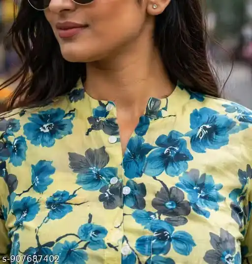 Women Floral Printed Corset Style Kurti with Mandarin Collar Front Button Design, Long Sleeves Straight Fit Kurta Top with Side Slits, Casual Streetwear Kurti Tunic for Women