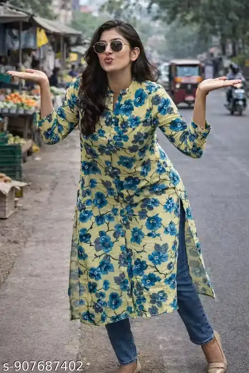 Women Floral Printed Corset Style Kurti with Mandarin Collar Front Button Design, Long Sleeves Straight Fit Kurta Top with Side Slits, Casual Streetwear Kurti Tunic for Women