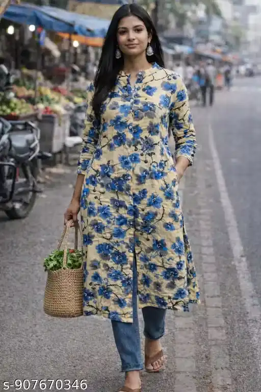 Women’s Floral Printed Long Shirt Style Kurti with Front Button Placket, Mandarin Collar Neck, 3/4 Sleeves, Straight Cut A-Line Silhouette, Side Slits, Dual Side Pockets, Cotton Fabric Long Kurti Top for Women, Casual Street Style Kurti for Jeans Pairing