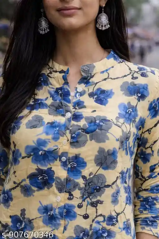 Women’s Floral Printed Long Shirt Style Kurti with Front Button Placket, Mandarin Collar Neck, 3/4 Sleeves, Straight Cut A-Line Silhouette, Side Slits, Dual Side Pockets, Cotton Fabric Long Kurti Top for Women, Casual Street Style Kurti for Jeans Pairing
