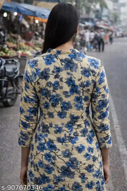Women’s Floral Printed Long Shirt Style Kurti with Front Button Placket, Mandarin Collar Neck, 3/4 Sleeves, Straight Cut A-Line Silhouette, Side Slits, Dual Side Pockets, Cotton Fabric Long Kurti Top for Women, Casual Street Style Kurti for Jeans Pairing