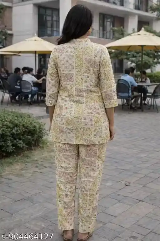 Women Patchwork Printed Cotton Kurti Pant Co-Ord Set with V-Neck, 3/4 Sleeves, Straight Fit Kurta and Tapered Pants, Ethnic Lounge Wear Set, Summer Casual Wear Suit for Women
