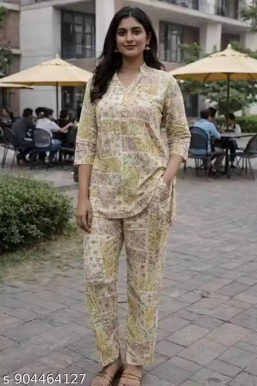 Women Patchwork Printed Cotton Kurti Pant Co-Ord Set with V-Neck, 3/4 Sleeves, Straight Fit Kurta and Tapered Pants, Ethnic Lounge Wear Set, Summer Casual Wear Suit for Women