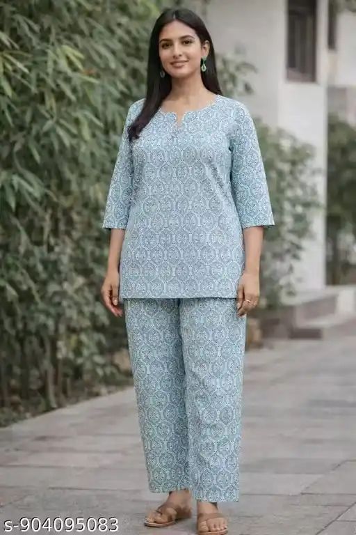 Women’s Printed Cotton Kurti Pant Set wi...