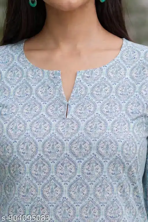 Women’s Printed Cotton Kurti Pant Set with Allover Mughal Buta Motif, Straight Fit Short Kurta, Three-Fourth Sleeves, Notch Neckline Design, Coordinated Printed Straight Pants, Summer Wear, Office Wear, Casual Ethnic Outfit for Women