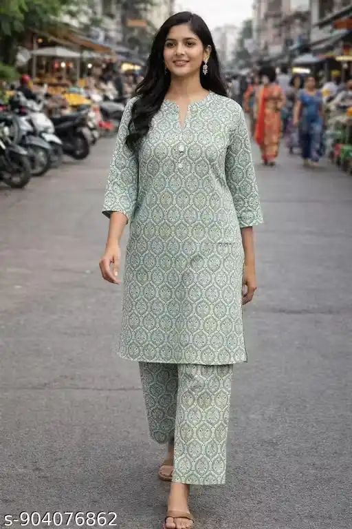 Women’s Printed Cotton Kurti Pant Set wi...