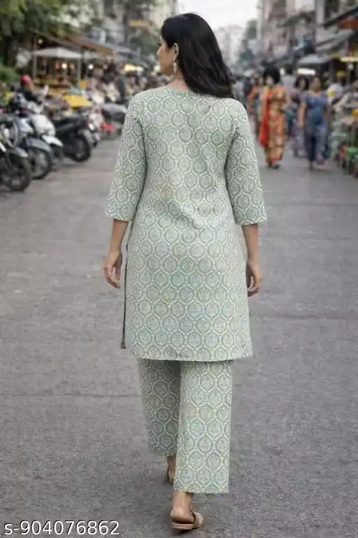 Women’s Printed Cotton Kurti Pant Set with Allover Ethnic Buta Motif, Straight Fit Knee-Length Kurta, Three-Fourth Sleeves, Notch Neck Design, Coordinated Printed Trousers, Casual Wear, Office Wear, Summer Outfit for Women