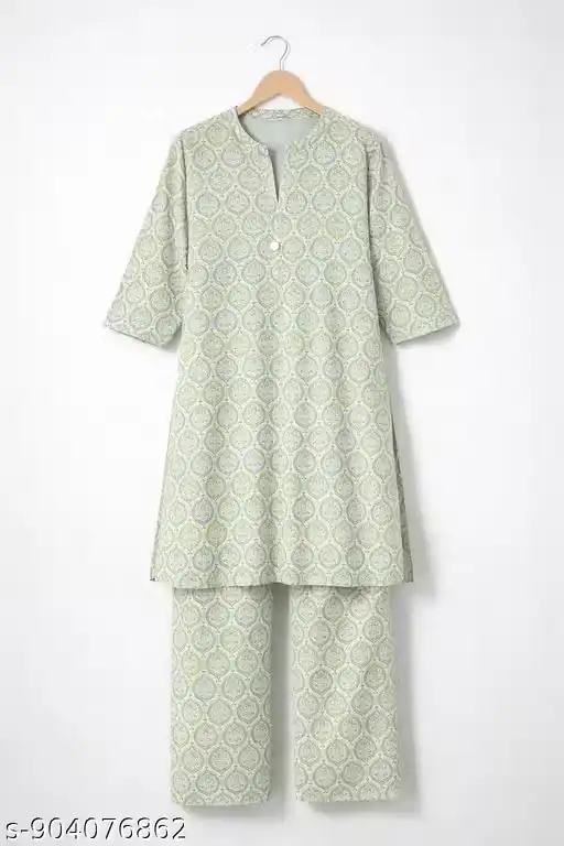 Women’s Printed Cotton Kurti Pant Set with Allover Ethnic Buta Motif, Straight Fit Knee-Length Kurta, Three-Fourth Sleeves, Notch Neck Design, Coordinated Printed Trousers, Casual Wear, Office Wear, Summer Outfit for Women
