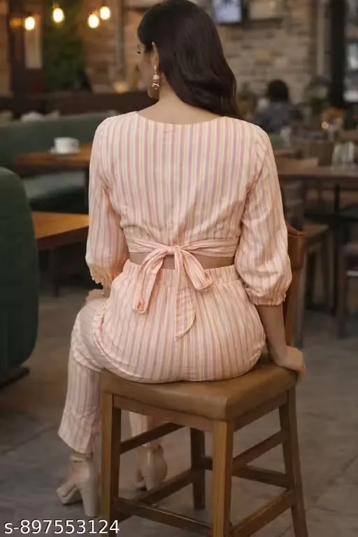 Women’s Pink Striped Cotton Corset Co-Ord Set with Crop Top, Back Tie-Up Detail, Round Neckline, 3/4 Sleeves, High Waist Straight Fit Pants, Two Piece Lounge & Brunch Outfit