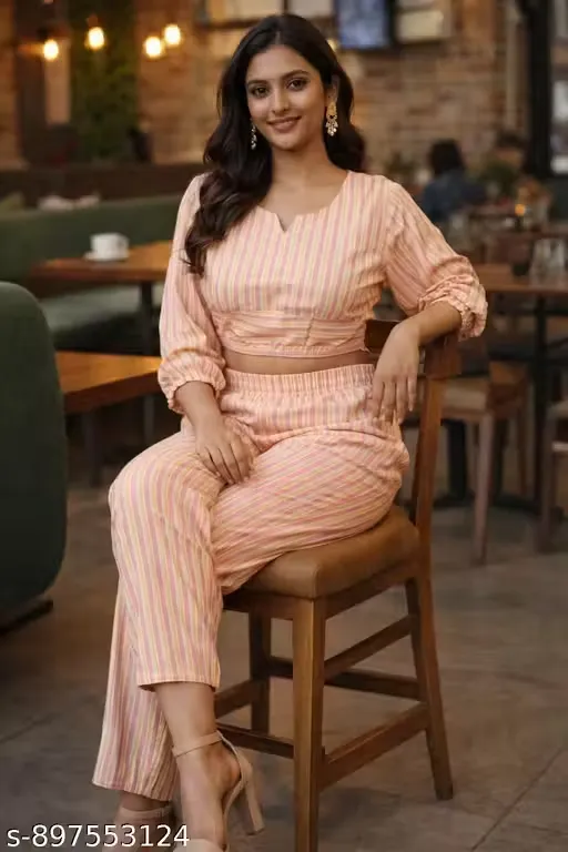 Women’s Pink Striped Cotton Corset Co-Ord Set with Crop Top, Back Tie-Up Detail, Round Neckline, 3/4 Sleeves, High Waist Straight Fit Pants, Two Piece Lounge & Brunch Outfit