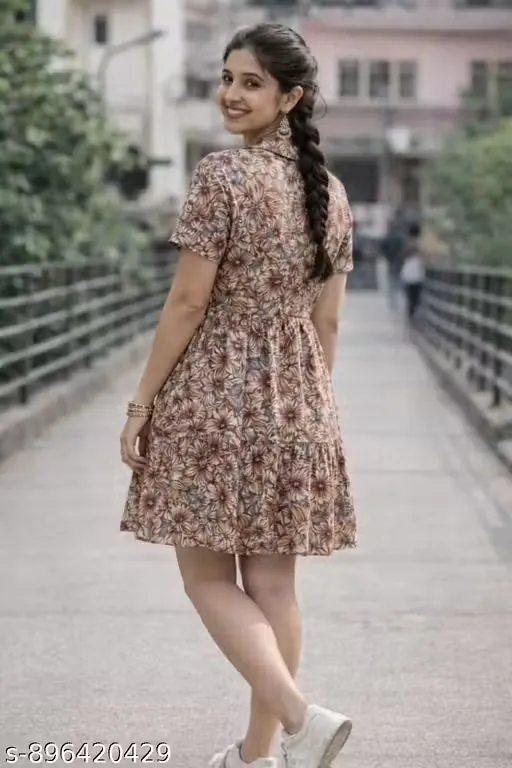 Women’s Brown Floral Printed Cotton Corset Dress with Front Button Placket, Shirt Collar Neckline, Short Sleeves, Gathered Waist Flared Mini Dress, Casual Street Style Summer Outfit