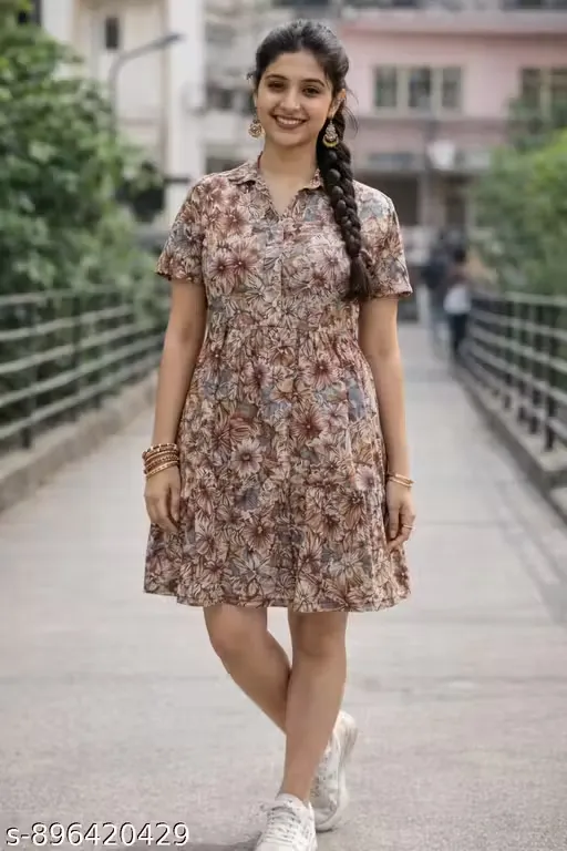 Women’s Brown Floral Printed Cotton Corset Dress with Front Button Placket, Shirt Collar Neckline, Short Sleeves, Gathered Waist Flared Mini Dress, Casual Street Style Summer Outfit