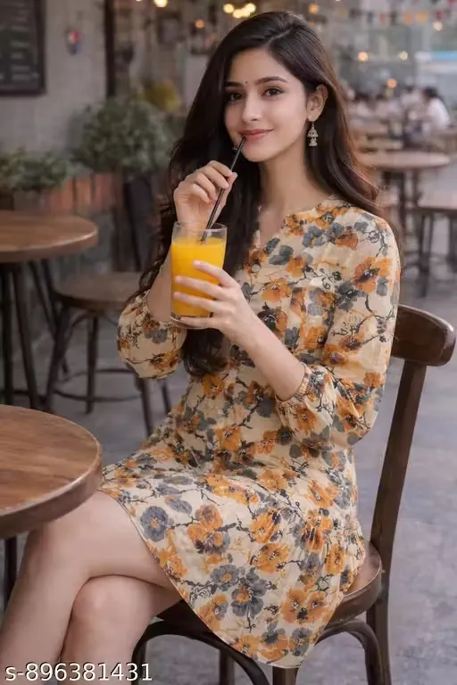Women’s Beige Floral Printed Cotton Corset Dress with Front Button Detailing, Mandarin Collar Neckline, 3/4 Puff Sleeves, Gathered Waist Flared Silhouette, Short Length Casual Daywear Outfit
