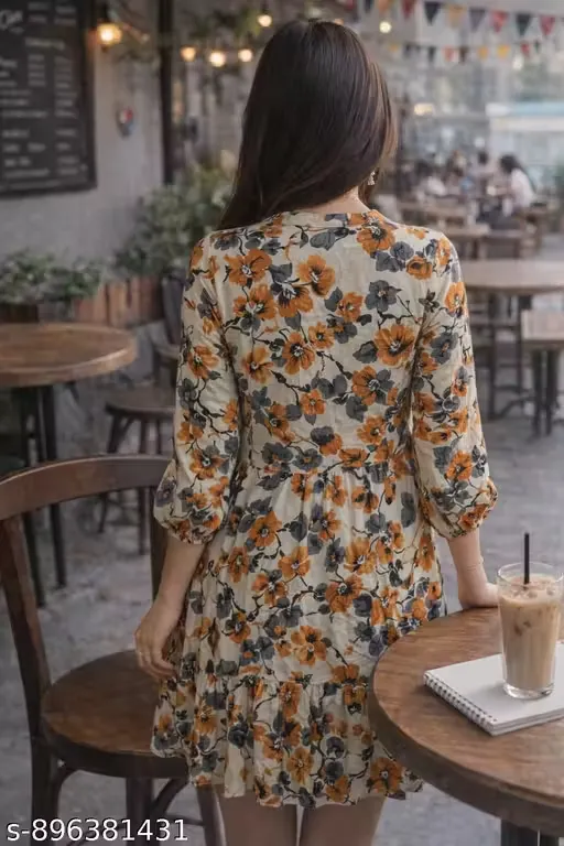 Women’s Beige Floral Printed Cotton Corset Dress with Front Button Detailing, Mandarin Collar Neckline, 3/4 Puff Sleeves, Gathered Waist Flared Silhouette, Short Length Casual Daywear Outfit