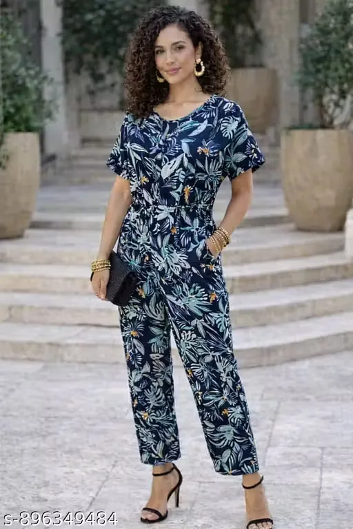 Women’s Navy Blue Tropical Floral Print Jumpsuit with Round Neck, Short Sleeves, Elasticated Waist, Straight Fit Pants, Lightweight Fabric, Summer Vacation Outfit, Casual Resort Wear, One Piece Jumpsuit for Women