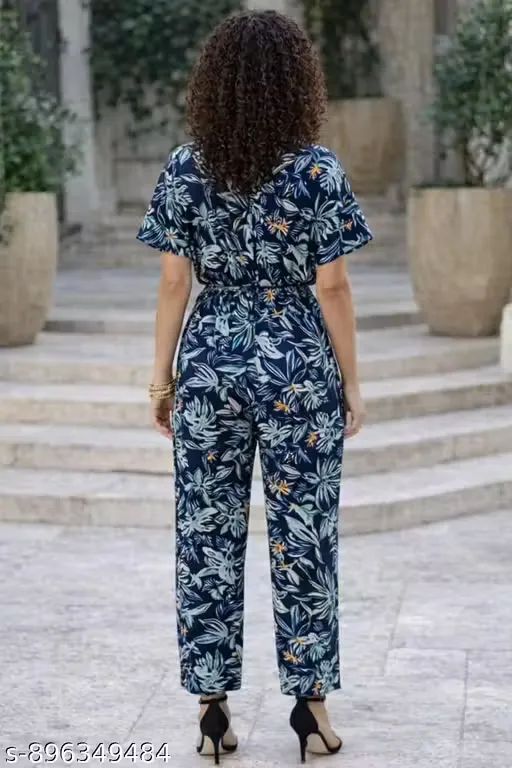 Women’s Navy Blue Tropical Floral Print Jumpsuit with Round Neck, Short Sleeves, Elasticated Waist, Straight Fit Pants, Lightweight Fabric, Summer Vacation Outfit, Casual Resort Wear, One Piece Jumpsuit for Women
