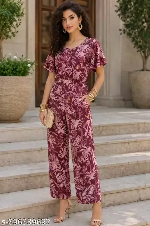 Maroon Floral Print Round Neck Jumpsuit for Women with Flutter Sleeves, Waist Tie-Up Detail, High Waist Straight Fit Pants, Lightweight Cotton Fabric, Statement Party Wear Outfit, Resort Wear One Piece with Pockets