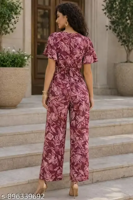 Maroon Floral Print Round Neck Jumpsuit for Women with Flutter Sleeves, Waist Tie-Up Detail, High Waist Straight Fit Pants, Lightweight Cotton Fabric, Statement Party Wear Outfit, Resort Wear One Piece with Pockets
