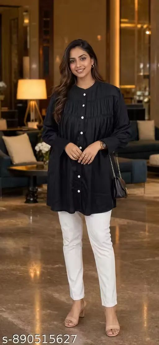 Women Black Georgette Long Shirt Tunic T...