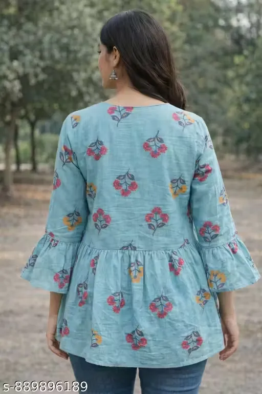 Women’s Cotton Printed A-Line Corset Tunic Top with Wrap V-Neck, Floral Boota Pattern, Flared Bell Sleeves, Gathered Waist Panel, Casual Ethnic Fusion Kurti Top for Jeans & Daily Wear