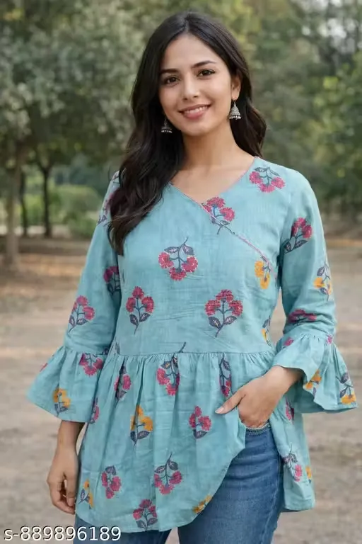 Women’s Cotton Printed A-Line Corset Tunic Top with Wrap V-Neck, Floral Boota Pattern, Flared Bell Sleeves, Gathered Waist Panel, Casual Ethnic Fusion Kurti Top for Jeans & Daily Wear