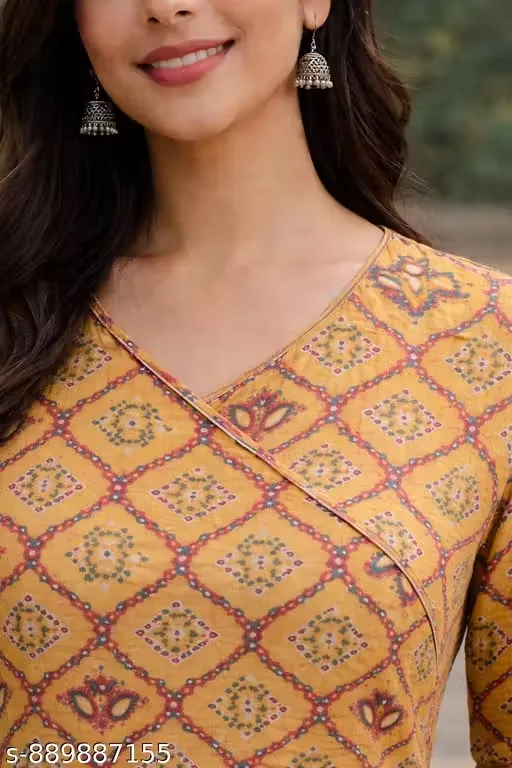 Women’s Cotton Printed A-Line Tunic Top with Mustard Geometric Floral Jaipuri Pattern, Angled Wrap Neckline, Flared Bell Sleeves, Gathered Waist Peplum Kurti Style Top for Women