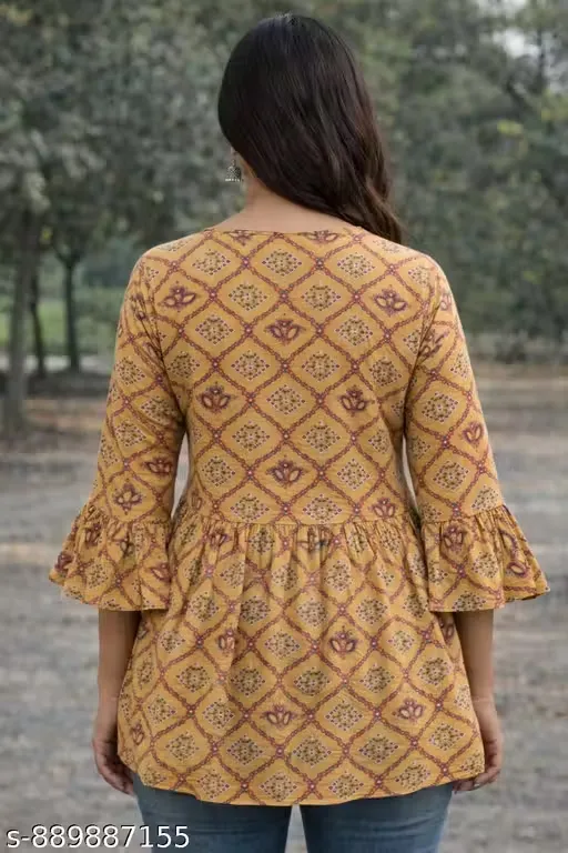 Women’s Cotton Printed A-Line Tunic Top with Mustard Geometric Floral Jaipuri Pattern, Angled Wrap Neckline, Flared Bell Sleeves, Gathered Waist Peplum Kurti Style Top for Women