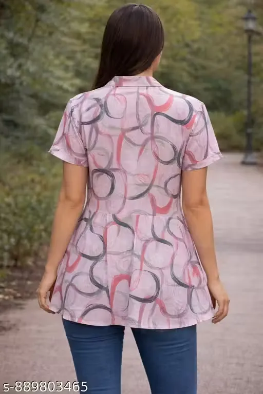 Women’s Cotton Printed A-Line Corset Style Tunic Top with Abstract Brush Stroke Pattern, V-Neckline, Short Sleeves, Flared Hem, Lightweight Breathable Fabric, Casual Wear Longline Top for Women