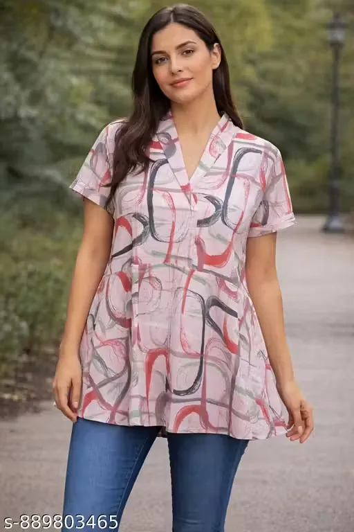 Women’s Cotton Printed A-Line Corset Style Tunic Top with Abstract Brush Stroke Pattern, V-Neckline, Short Sleeves, Flared Hem, Lightweight Breathable Fabric, Casual Wear Longline Top for Women