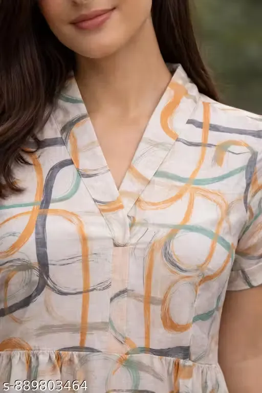 Women’s Cotton Printed A-Line Tunic Top with Abstract Brush Stroke Pattern, V-Neck Notched Collar, Short Sleeves, Empire Waist Gathered Flare Silhouette, Lightweight Breathable Fabric, Casual Daywear Top for Women