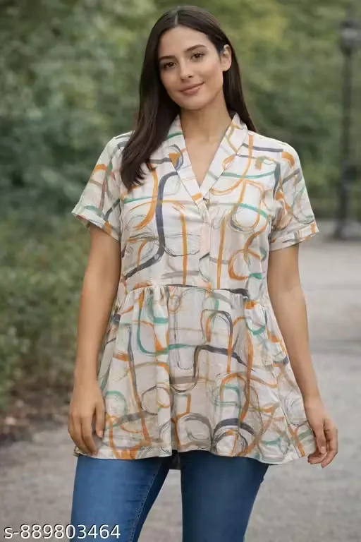 Women’s Cotton Printed A-Line Tunic Top with Abstract Brush Stroke Pattern, V-Neck Notched Collar, Short Sleeves, Empire Waist Gathered Flare Silhouette, Lightweight Breathable Fabric, Casual Daywear Top for Women