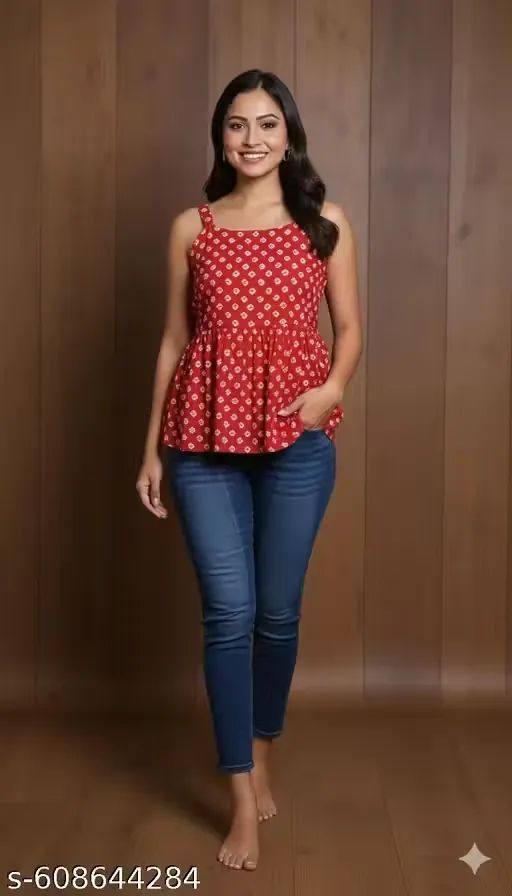 Women's Red Printed Peplum Tank Top - Pr...