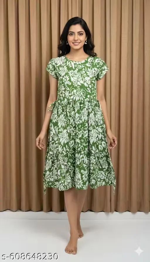 Women Green Floral Printed Cotton A-Line...