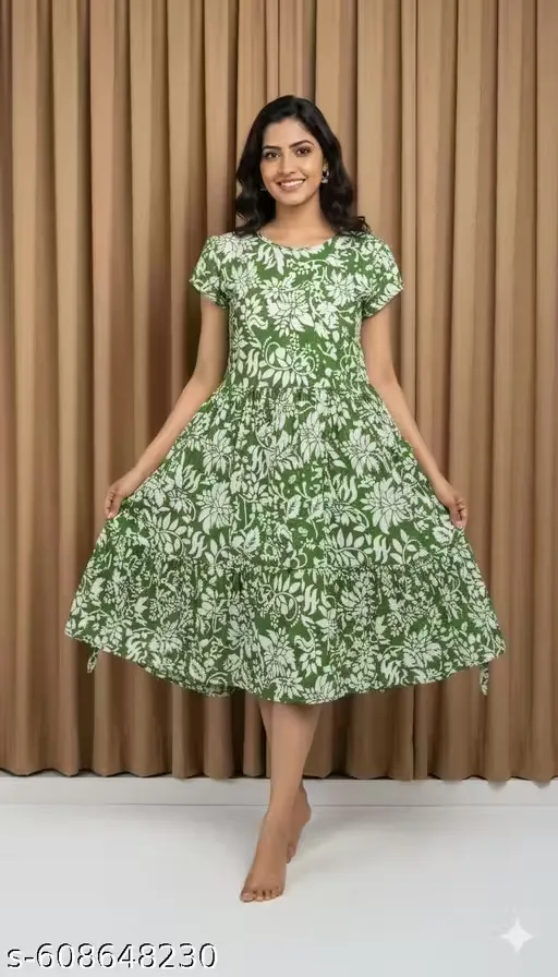 Women Green Floral Printed Cotton A-Line Midi Dress | Casual Summer Wear | Short Sleeve Round Neck Fit & Flare Knee Length Dress for LadiesWomen Green Floral Printed Cotton A-Line Midi Dress |