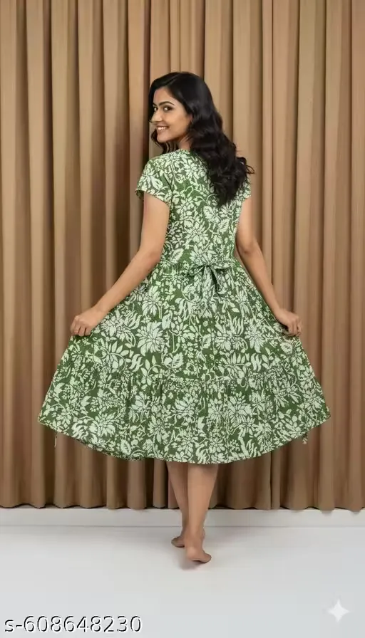 Women Green Floral Printed Cotton A-Line Midi Dress | Casual Summer Wear | Short Sleeve Round Neck Fit & Flare Knee Length Dress for LadiesWomen Green Floral Printed Cotton A-Line Midi Dress |