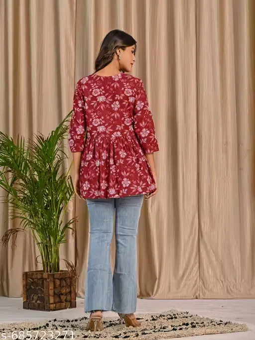 Maroon Floral A-Line Tunic for Women with 3/4 Sleeves | Cotton Blend Printed Short Kurti Top | Casual & Office Wear Ethnic Tunic for Jeans & Leggings